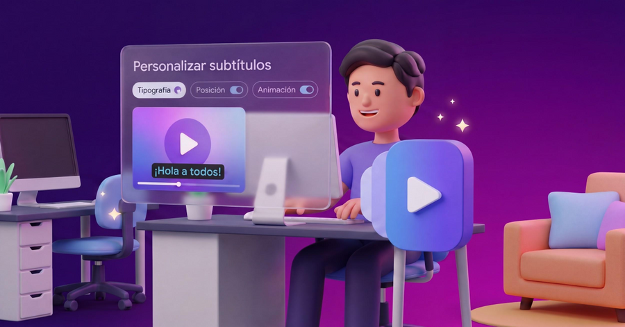 Personaje animado editando subtítulos de un video mediante un panel digital con ajustes de tipografía, posición y animación.