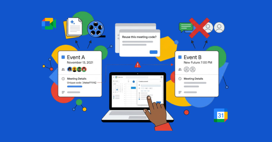 Portátil mostrando calendario crea eventos y códigos de reunión mientras alerta sobre duplicados y conflictos en planificación digital