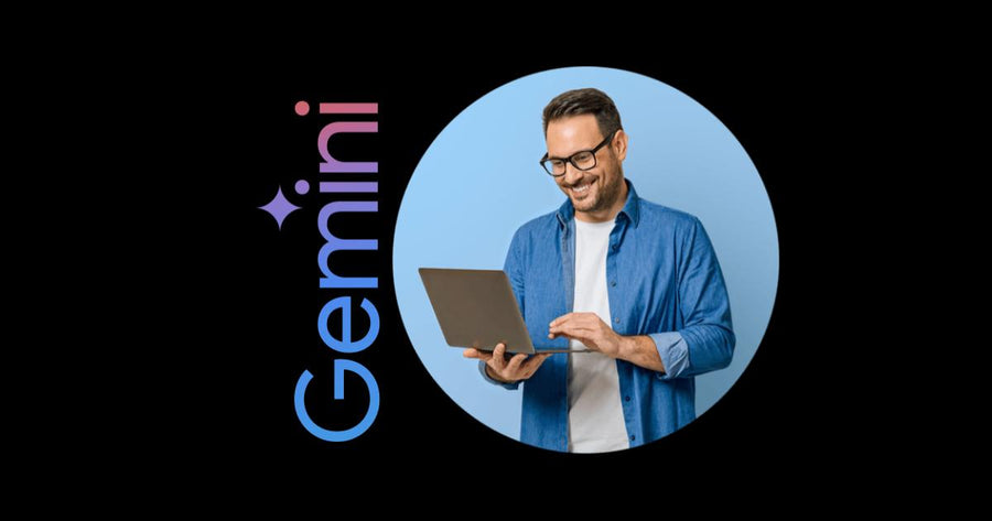 Hombre con computadora y el logo de Gemini con un fondo negro