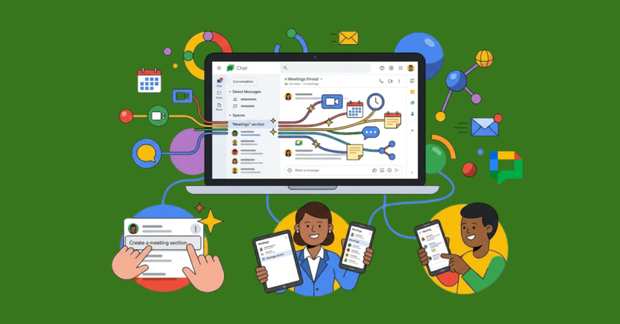 Ilustración de plataforma de mensajería en portátil conectando usuarios con móviles, intercambio de tareas, calendarios y archivos en red colaborativa
