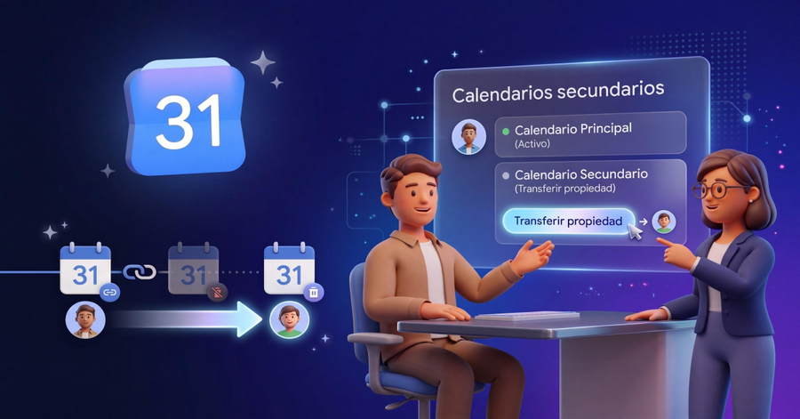 Dos profesionales gestionando la transferencia de propiedad de calendarios secundarios entre usuarios.