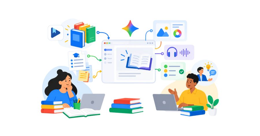 Estudiantes trabajan con portátiles y libros mientras consultan recursos educativos, audio, notas y contenido visual.