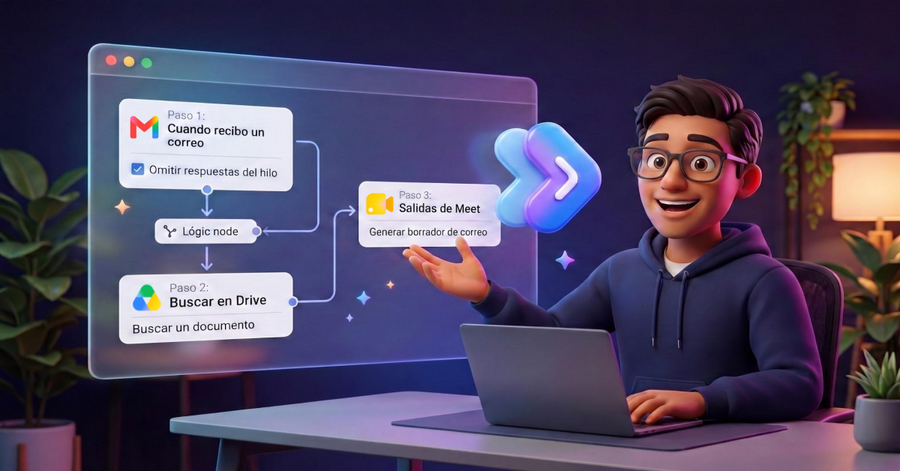 Ilustración 3D de un hombre con portátil mostrando un flujo automatizado que conecta correos, documentos y reuniones virtuales.