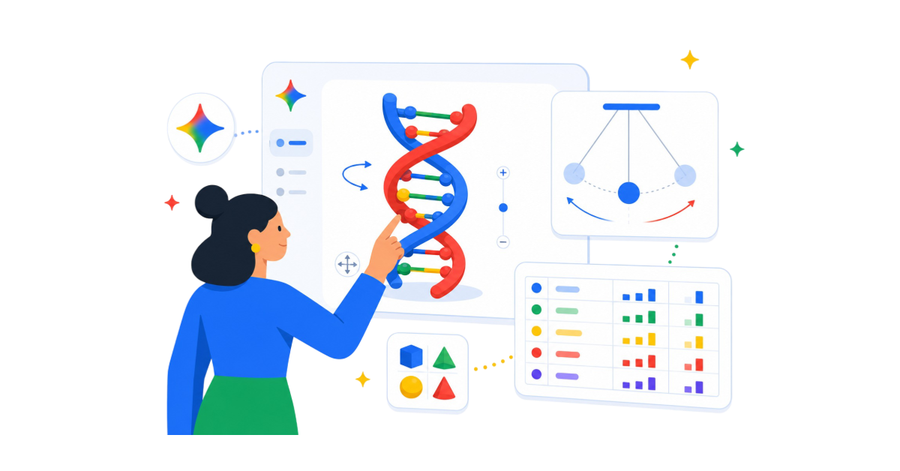 Mujer interactúa con un modelo digital de ADN acompañado de simulaciones físicas, gráficos y controles visuales.