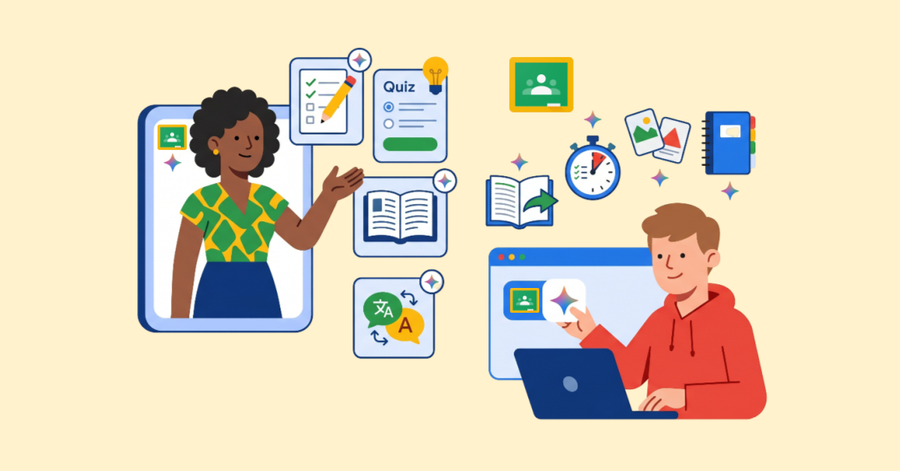 Profesora en videollamada enseña contenidos educativos mientras alumno usa portátil con herramientas digitales y recursos interactivos coloridos