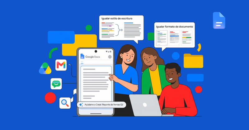 Equipo colaborando en Google Docs con herramientas de inteligencia artificial para editar textos y dar formato automático.