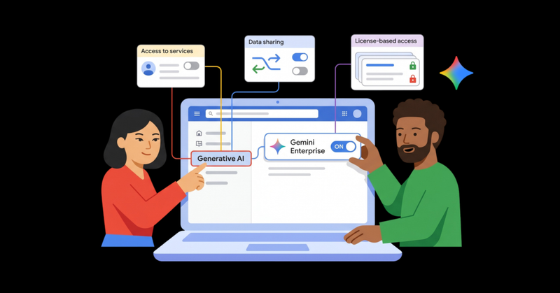 Ilustración de dos personas configurando inteligencia artificial generativa en portátil con controles de acceso y datos.
