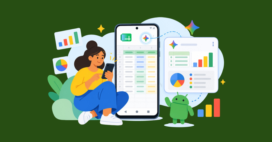 Mujer consulta datos en su móvil junto a una hoja de cálculo con gráficos, estadísticas y asistente Android.