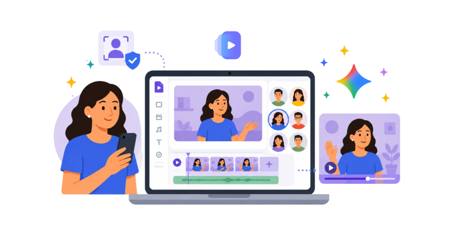 Mujer creando un video con su avatar personalizado en un editor digital con escenas, participantes y línea de tiempo.