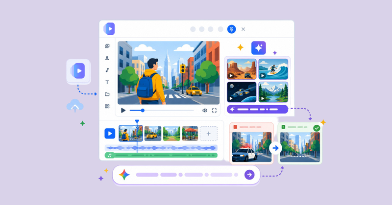 Editor de video con escenas urbanas, línea de tiempo y herramientas de IA para generar y modificar contenido audiovisual.
