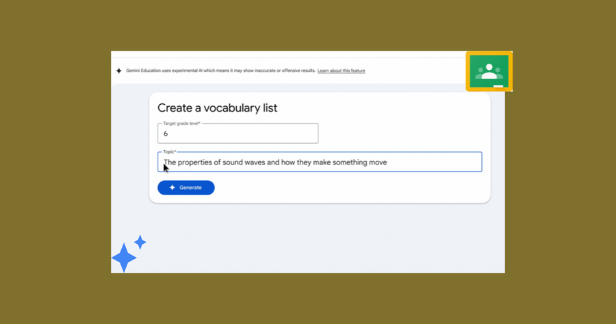 Interfaz de Classroom con las indicaciones para crear una lista de vocabulario