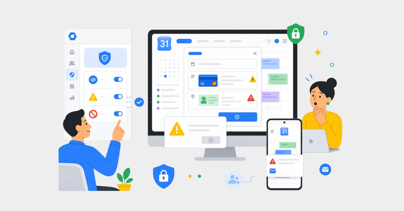 Ilustración de panel de gestión con alertas de seguridad, calendario y controles para proteger datos sensibles en varios dispositivos.