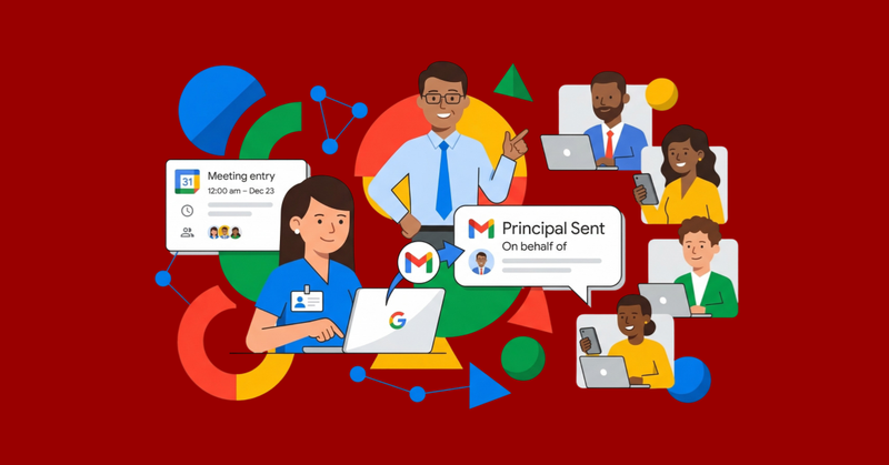 Profesionales colaborando con portátiles y móviles gestionando correos y reuniones en entorno digital con iconos coloridos
