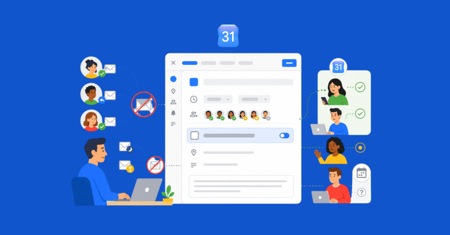 Personas gestionando invitaciones de calendario con confirmaciones de asistencia y avisos de correo desactivados.