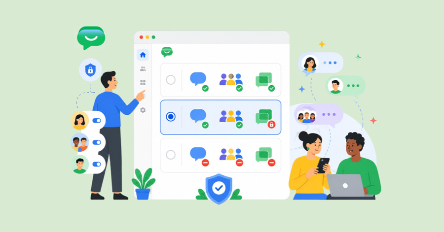 Equipo configura permisos y restricciones de acceso en una plataforma de chat para controlar la creación de espacios.