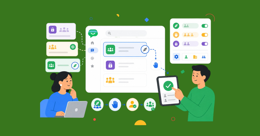 Ilustración de gestión de permisos y acceso a equipos desde una plataforma colaborativa con usuarios y panel de configuración.