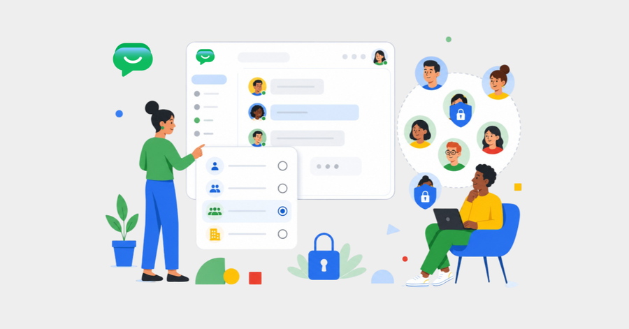 Personas configurando la visibilidad de miembros en un chat mediante controles de acceso y privacidad.