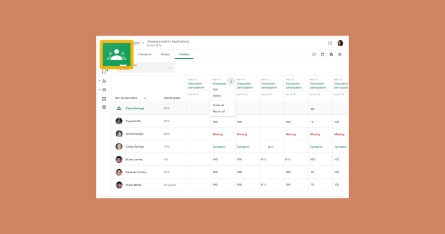 Interfaz de Google Classroom mostrando la nueva función ‘Grade All’, con una lista de calificaciones y opciones para sobrescribir notas y devolver tareas automáticamente.