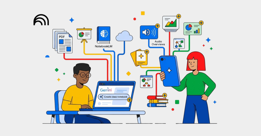 Personas creando cuadernos de estudio digitales con inteligencia artificial, documentos, gráficos y recursos educativos conectados.