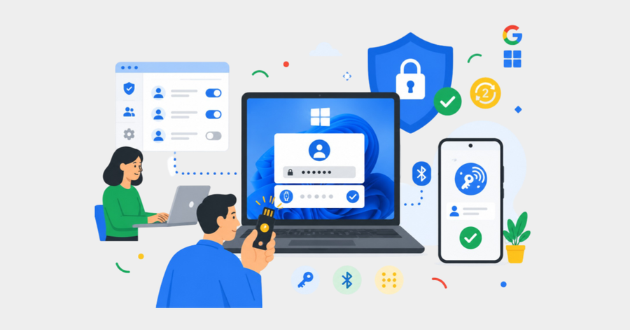 Personas protegiendo el acceso a Windows con llaves de seguridad FIDO2, autenticación multifactor y gestión segura de credenciales.