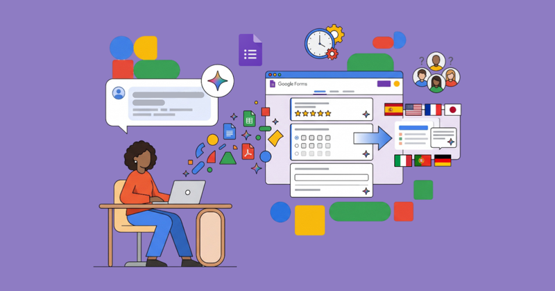 Mujer trabajando con portátil crea formulario digital con valoraciones, opciones y soporte multilingüe en interfaz colorida