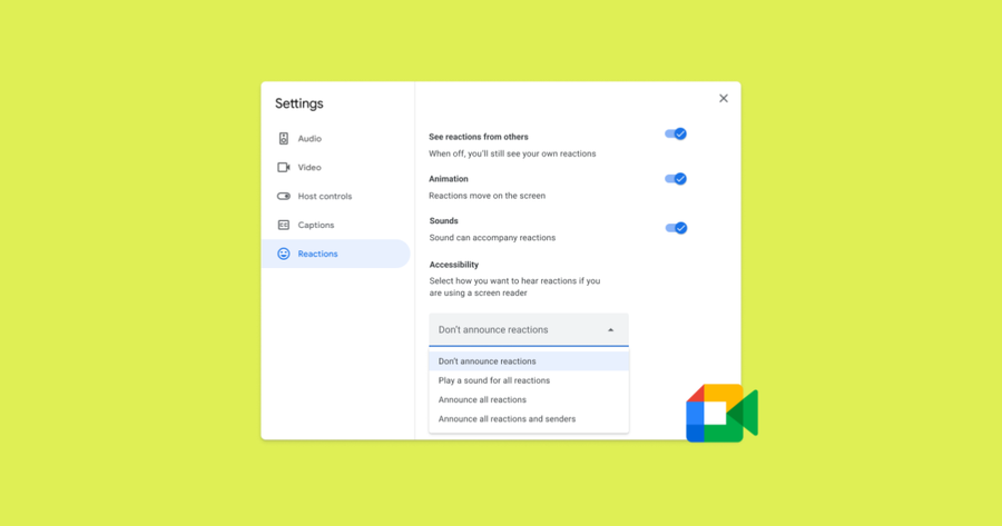Interfaz de Google Meet mostrando opciones de accesibilidad para lectores de pantalla en reacciones de reuniones.