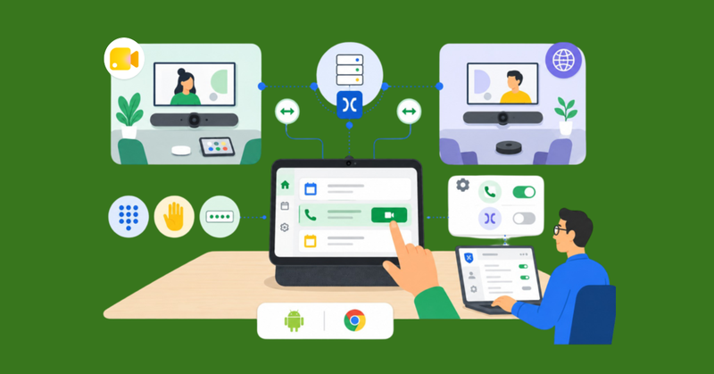 Panel de administración para videoconferencias con controles de dispositivos, salas y llamadas sincronizadas entre Android y Chrome.