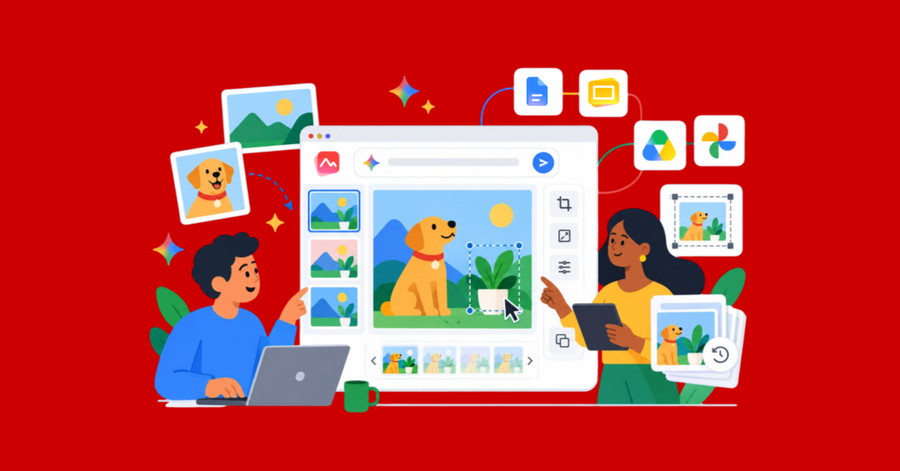 Personas editando una ilustración de un perro con inteligencia artificial y herramientas creativas digitales.