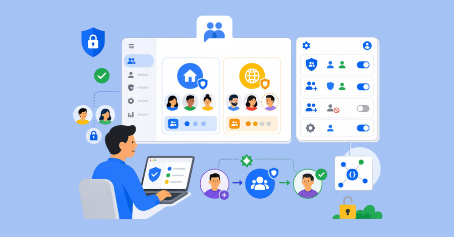 Administrador configura permisos y controles de acceso para grupos de usuarios con funciones avanzadas de seguridad colaborativa.