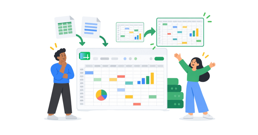 Personas analizando una hoja de cálculo con gráficos, celdas de colores y datos importados desde varios archivos.