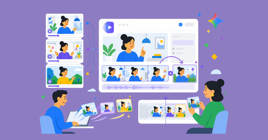 Personas editan y organizan escenas de vídeo con herramientas de inteligencia artificial para crear contenido audiovisual colaborativo.
