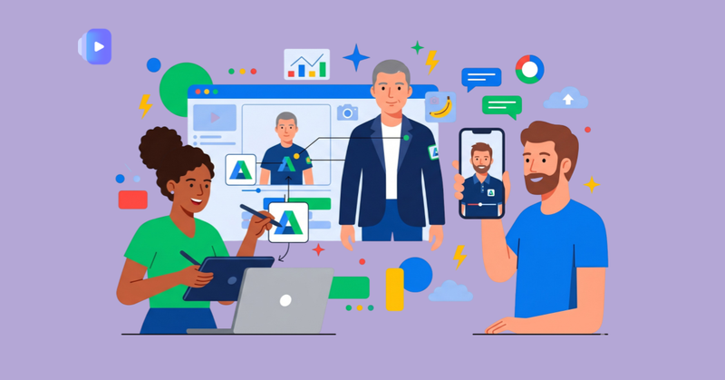 Personas creando avatares digitales personalizados para vídeos corporativos mediante herramientas de edición y colaboración en línea.