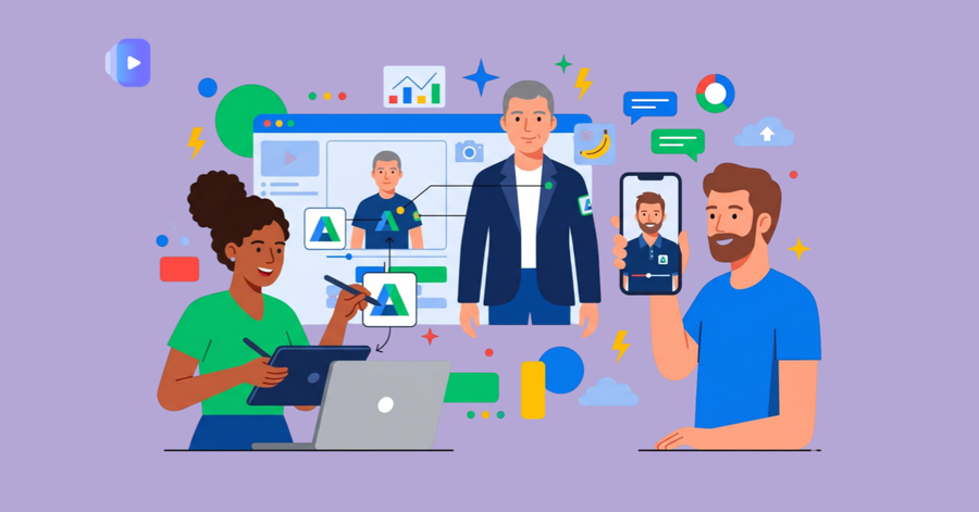 Personas creando avatares digitales personalizados para vídeos corporativos mediante herramientas de edición y colaboración en línea.