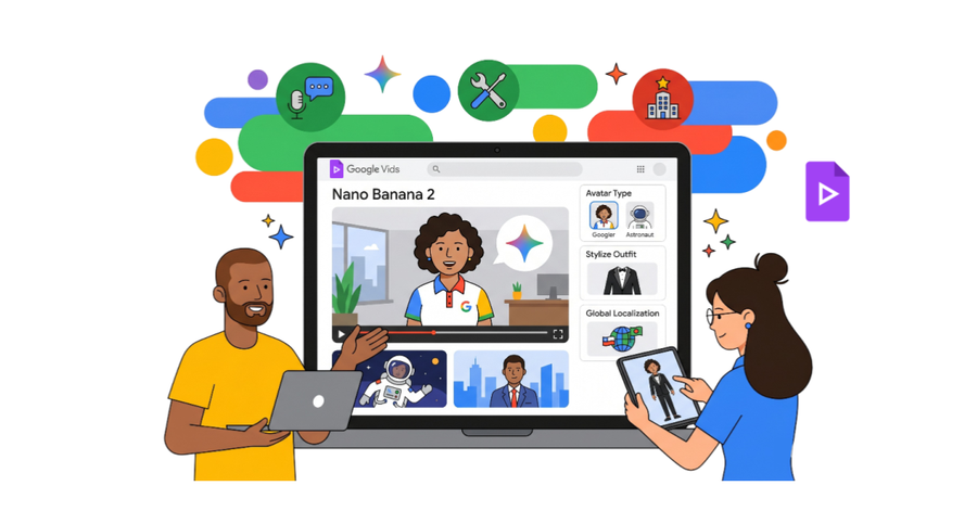 Dos personas con portátil y tableta crean avatar en plataforma de video con interfaz colorida y opciones