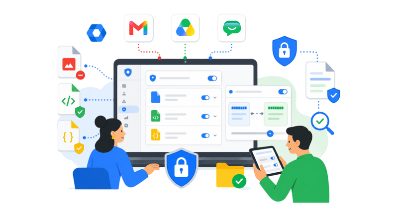 Dos personas gestionan la seguridad de archivos y la prevención de pérdida de datos mediante herramientas colaborativas en la nube.