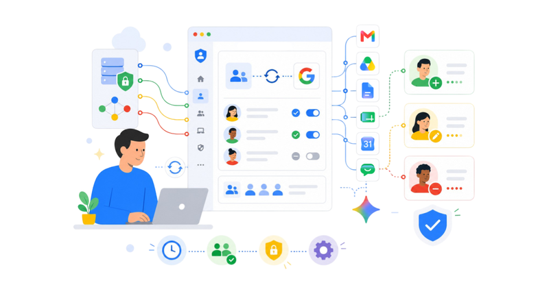 Persona administrando usuarios, permisos y accesos en Google Workspace con sincronización automática entre aplicaciones empresariales.