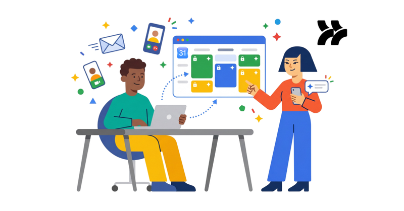 Personas coordinando reuniones y tareas desde dispositivos digitales con calendario compartido, notificaciones y automatización inteligente.