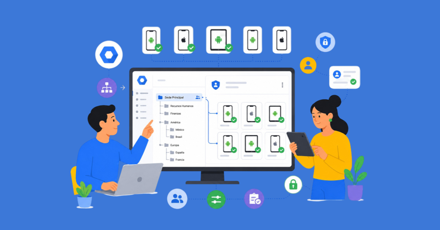 Personas gestionando dispositivos móviles Android y Apple desde un panel central con estructura organizativa y controles de seguridad.