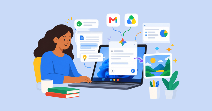 Mujer trabaja en una computadora portátil rodeada de herramientas digitales, documentos, gráficos y contenido multimedia.