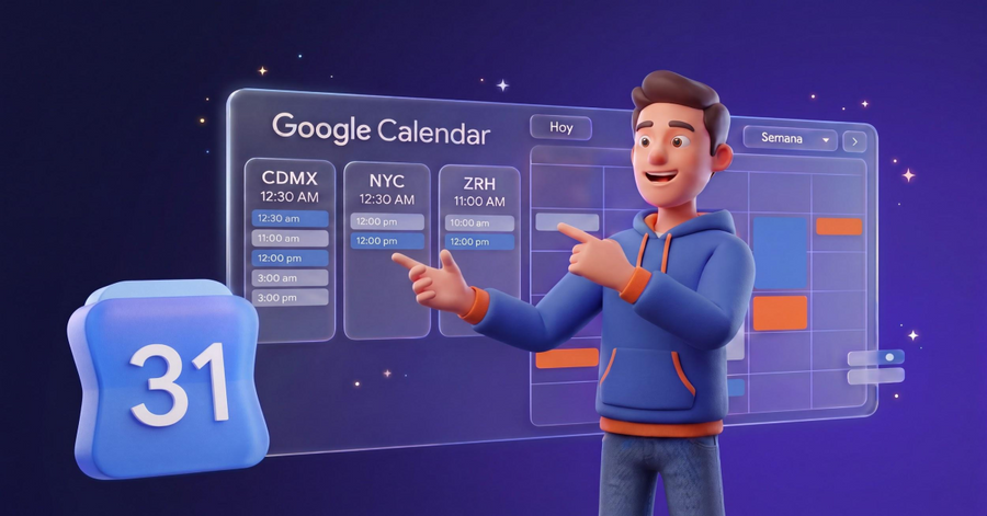 Personaje animado señalando un calendario digital con horarios de CDMX, Nueva York y Zúrich sobre un fondo morado.