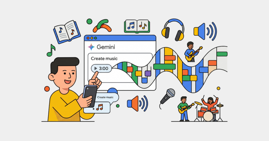Persona usando móvil mientras crea música en interfaz digital con ondas de sonido, instrumentos y controles de audio interactivos.