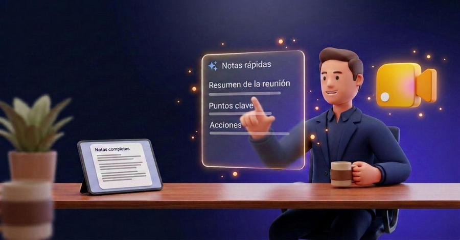 Profesional revisando notas rápidas de una reunión en una pantalla digital mientras sostiene una taza frente al escritorio.