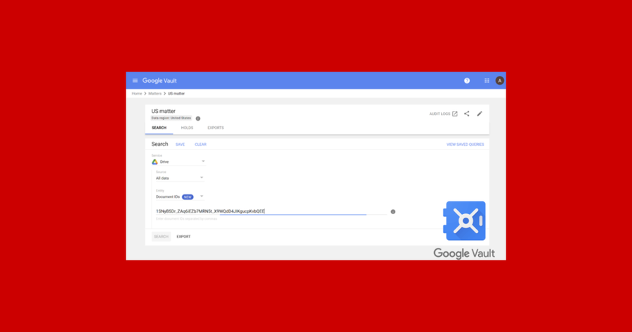 Interfaz de Google Vault mostrando la nueva función de búsqueda por ID de archivo en Google Drive