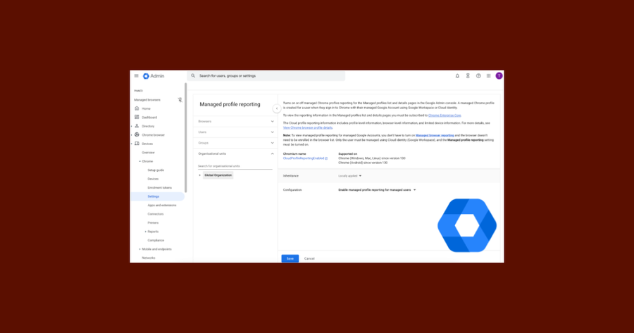Captura de pantalla de la Consola de Administración de Google enseñando como habilitar reporte de navegadores administrados