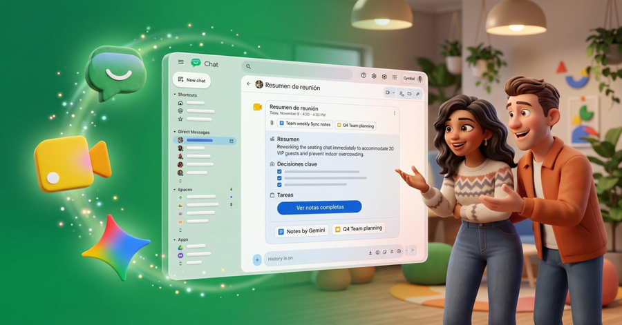 Dos personajes animados observan una interfaz de chat con resumen automático de reunión, tareas y decisiones destacadas.