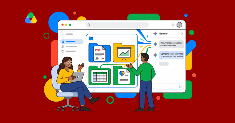 Personas analizando documentos y gráficos en una interfaz digital con asistencia inteligente para organizar archivos y datos.