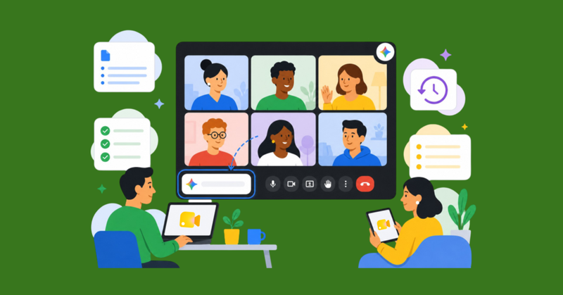 Equipo participando en una videollamada con asistente de inteligencia artificial, tareas compartidas y colaboración en tiempo real.