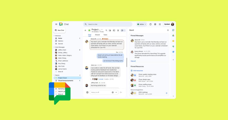 Captura de pantalla de la pestaña "Tab" en Google Chat mostrando mensajes fijados, archivos y enlaces clave organizados en un espacio de trabajo.