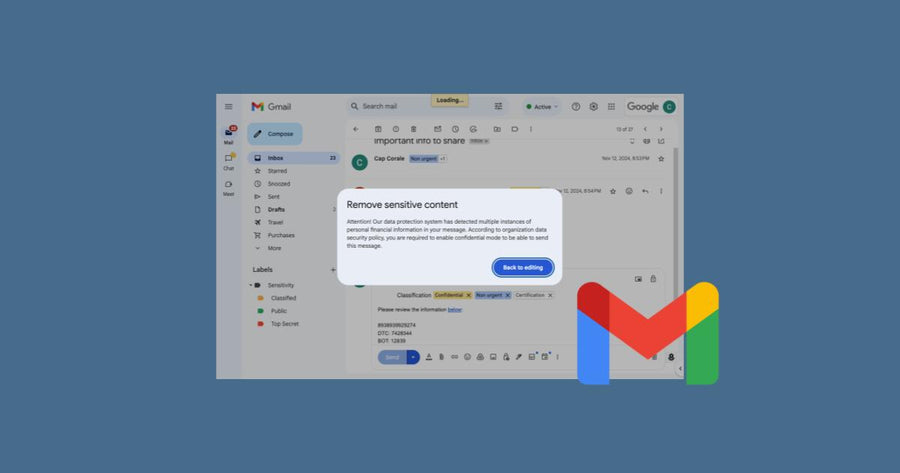 configuración de DLP en Gmail, mostrando reglas activas para prevenir la filtración de datos sensibles en correos electrónicos.