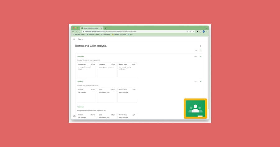 Interfaz de Google Classroom mostrando herramientas de gestión de rúbricas para profesores